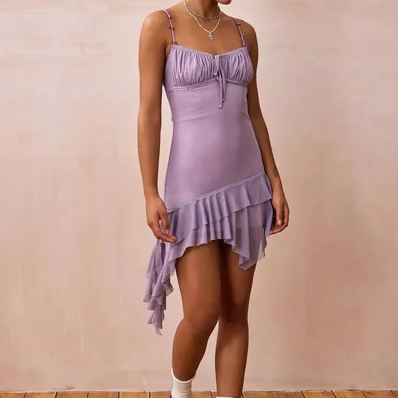 NWT UO Micro Lilac Lavender Purple Mesh Mini Fairy Dress Asymmetrical Hem XL Y2K - Picture 6 of 7